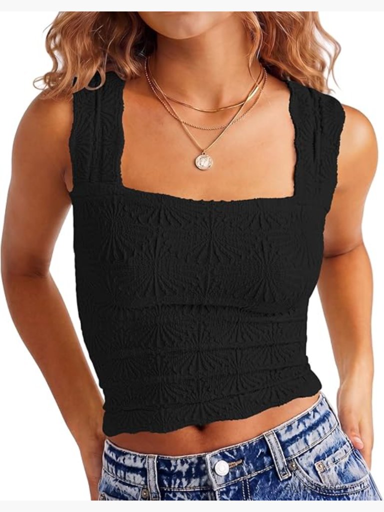 Crop Tank Top Square Neck Wide Strap Vest Slim Fit Lettuce Trim Cami